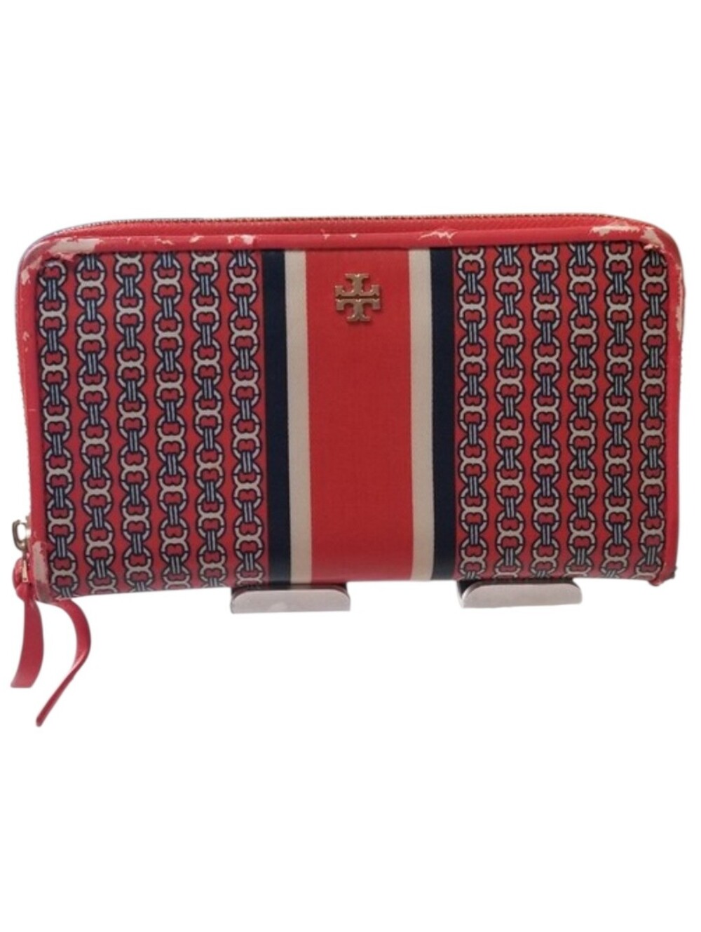 Tori Burch Gemini Link Coral Orange Wallet Has Edge Peeling